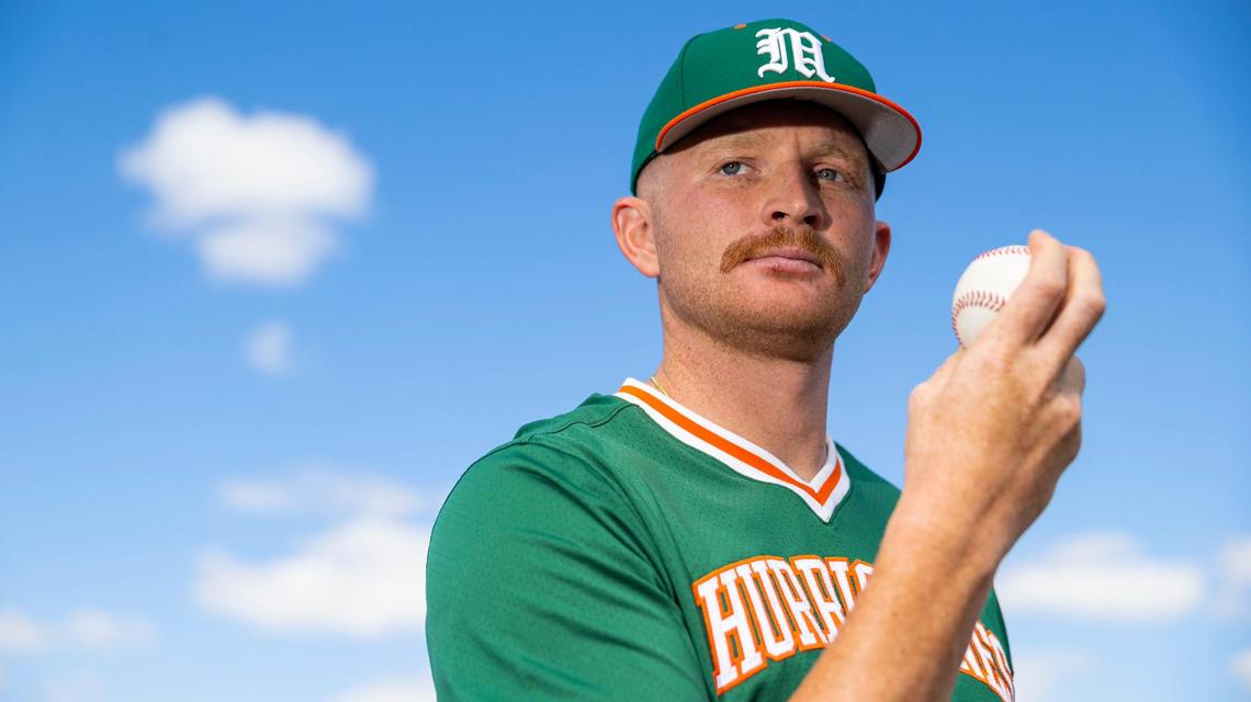 Miami Hurricanes pitcher Andrew Walters (21) is photographed during media day at Mark Light Field on Tuesday, Feb. 14, 2023, in Coral Gables, Fla.