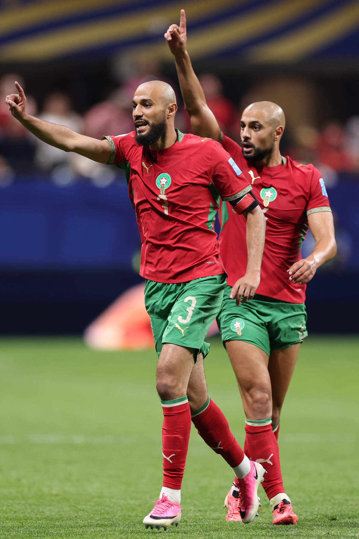 ATLANTA, GEORGIA - JUNE 24: Noussair Mazraoui #3 and   Sofyan Amrabat #4 of Morocco gesture to the referee during the FIFA World Cup 2026 Group C match between Morocco and Haiti at Atlanta Stadium on June 24, 2026 in Atlanta, Georgia. (Photo by Darrian Traynor/Getty Images)