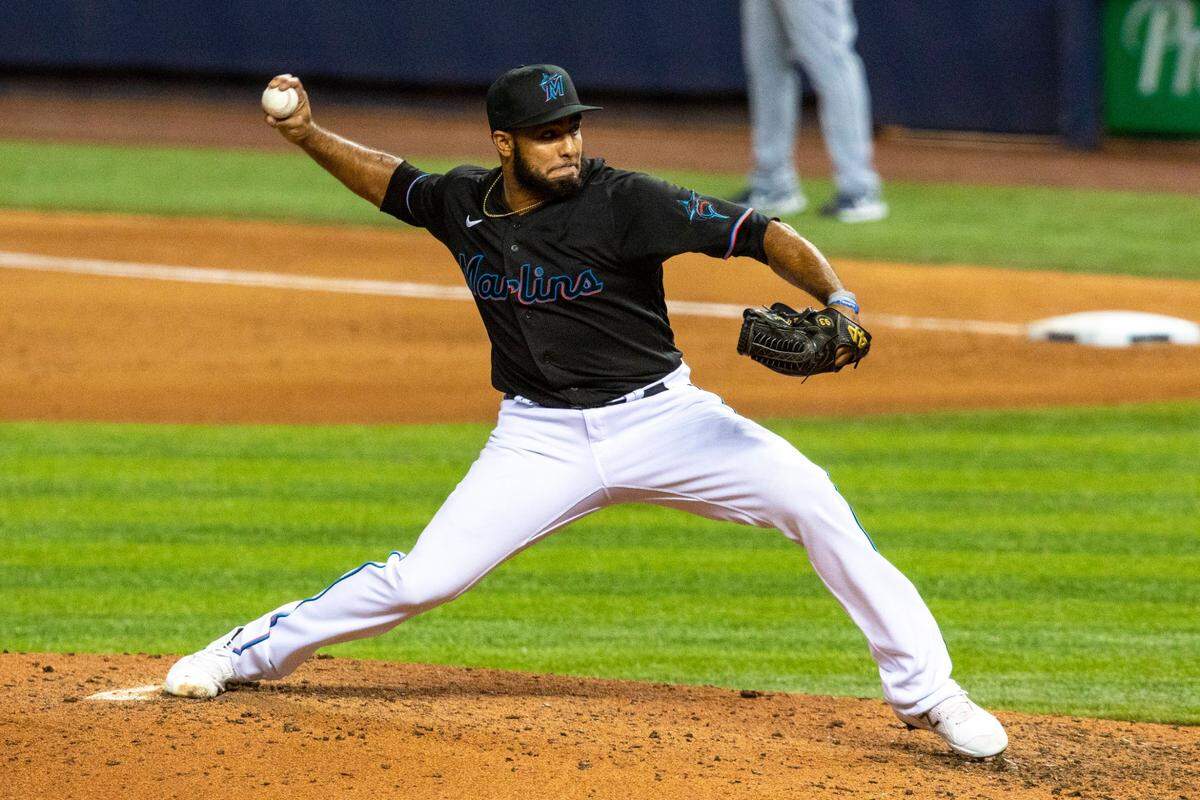 Miami Marlins right-handed pitcher Yimi García&nbsp;(93) pitches during the eighth inning of an MLB game against the Tampa Bay Rays at loanDepot park in the Little Havana neighborhood of Miami, Florida, on Friday, April 2, 2021. 
