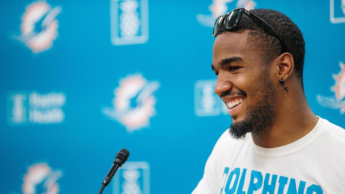 Miami Dolphins wide receiver Jaylen Waddle speaks during press conference at Baptist Health Training Complex in Hard Rock Stadium on Wednesday, April 27, 2022 in Miami Gardens, Florida.
