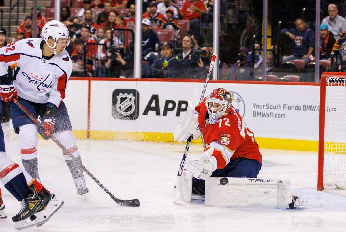 Florida Panthers goaltender Sergei Bobrovsky (72) blocks a shot by Washington Capitals defenseman Martin Fehervary (42) during the second period of Game 2 of a first round NHL Stanley Cup series at FLA Live Arena on Thursday, May 5, 2022 in Sunrise, Fl.