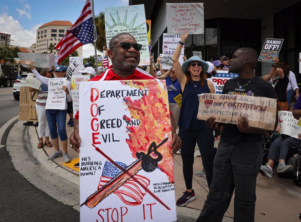 Antonio White, 63, teacher and union leader, chants during a May Day rally themed “Protect Social Security, Protect Workers” on Thursday, May 1, 2025, outside of the Social Security Administration building in Miami.