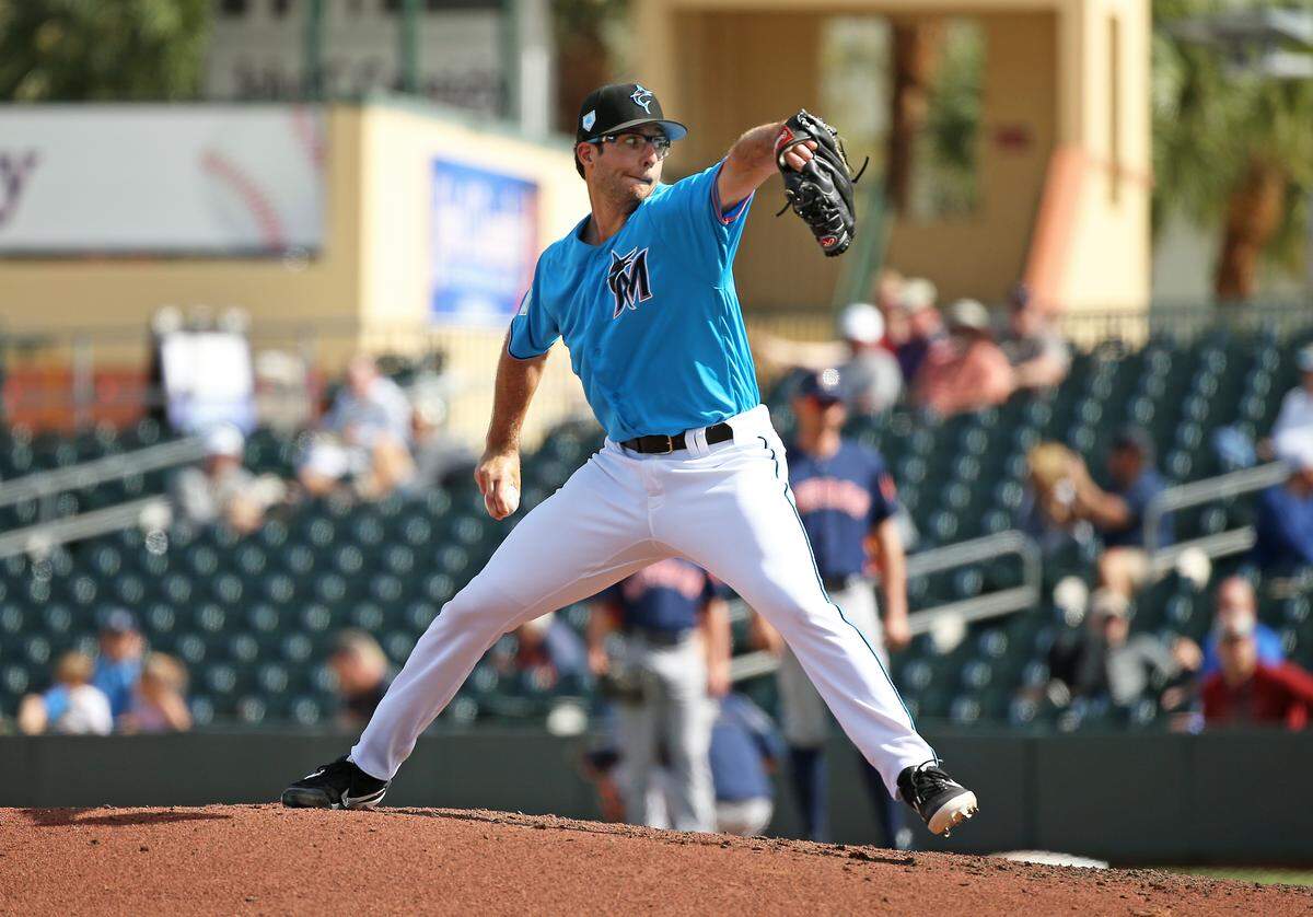 Miami Marlins pitcher Zac Gallen (84) pitches during the fifth inning of a Major League Baseball spring training game against the Houston Astros at the Roger Dean Chevrolet Stadium on Thursday, March 7, 2019 in Jupiter, FL.