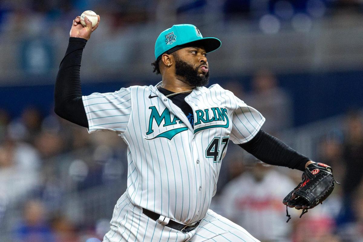Miami Marlins pitcher Johnny Cueto (47) throws a pitch during the first inning of an MLB game against the Atlanta Braves at loanDepot park in the Little Havana neighborhood of Miami, Florida, on Friday, September 15, 2023
