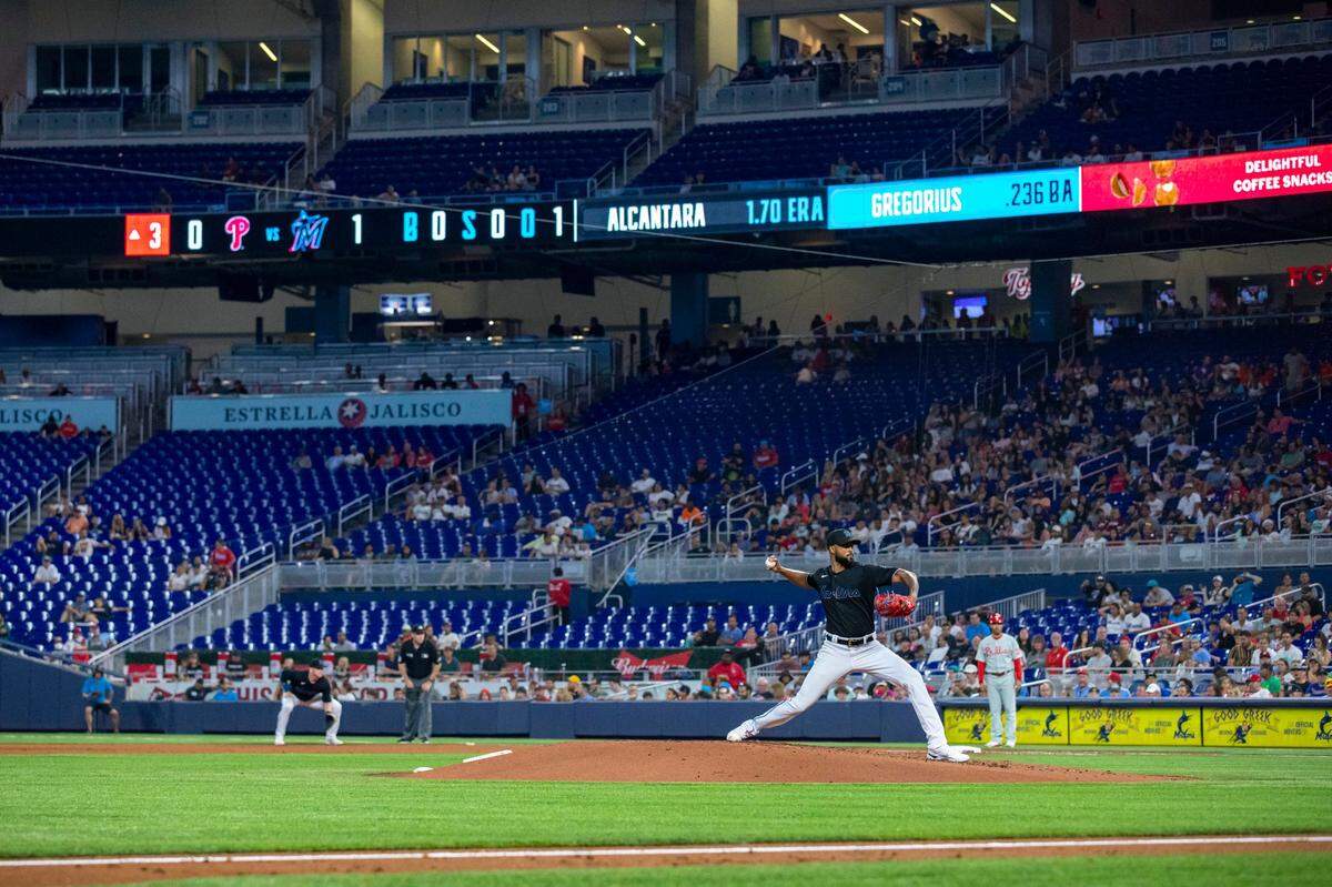Miami Marlins pitcher Sandy Alcantara (22) throws the ball during the fourth inning of an MLB game against the Philadelphia Phillies at loanDepot park in the Little Havana neighborhood of Miami, Florida, on Friday, July 15, 2022.