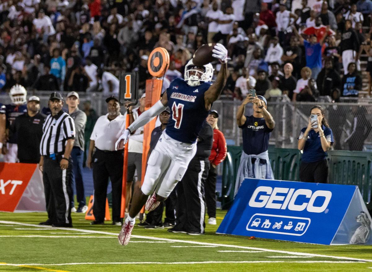 Chaminade-Madonna Lions wide receiver Jeremiah Smith (4) catches the ball against the Central Rockets in the second quarter of their high school football game at the Nathaniel Traz Powell Stadium on Thursday, Sept. 21, 2023, in Miami, Fla.