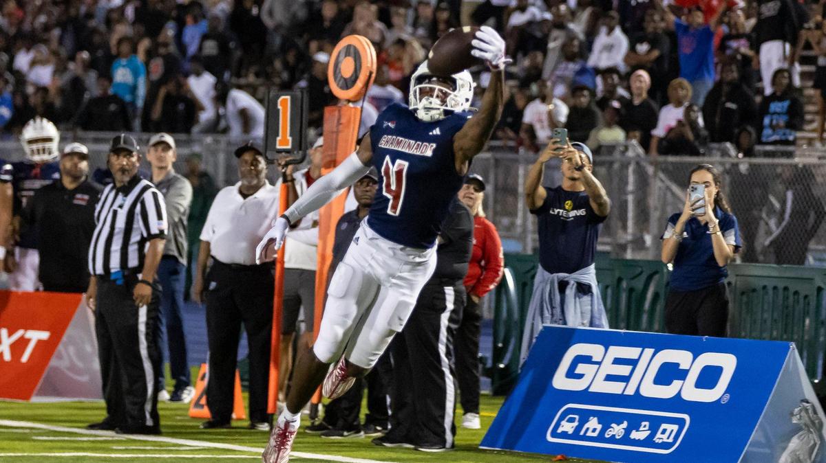 Chaminade-Madonna Lions wide receiver Jeremiah Smith (4) catches the ball against the Central Rockets in the second quarter of their high school football game at the Nathaniel Traz Powell Stadium on Thursday, Sept. 21, 2023, in Miami, Fla.