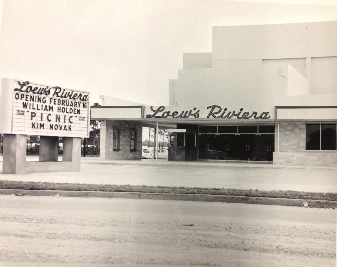 Loew’s Riviera opened in 1956 with the film, “Picnic.” Miami Herald news clippings at the time reported two University of Miami students on the basektball team perched one atop the other to help place the letters on the marquee.