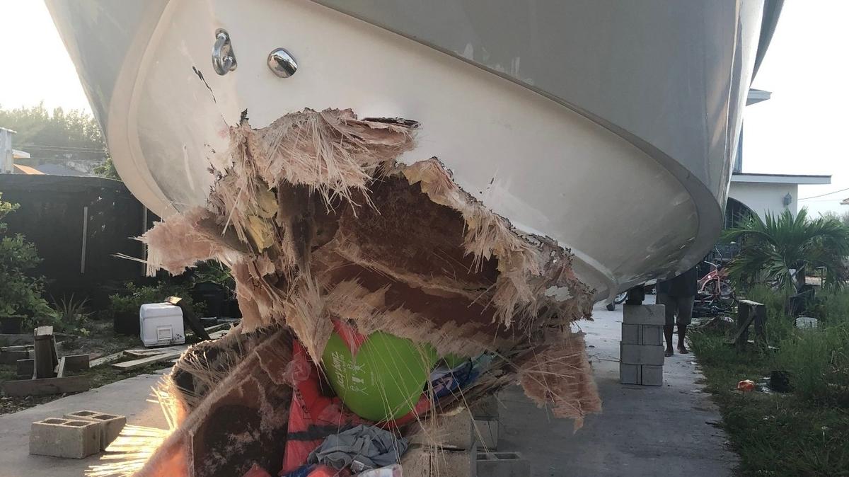 A photo of the damaged boat involved in the accident that killed Javier Perez and Carolyn Alvarez in Bimini on July 2, 2020.