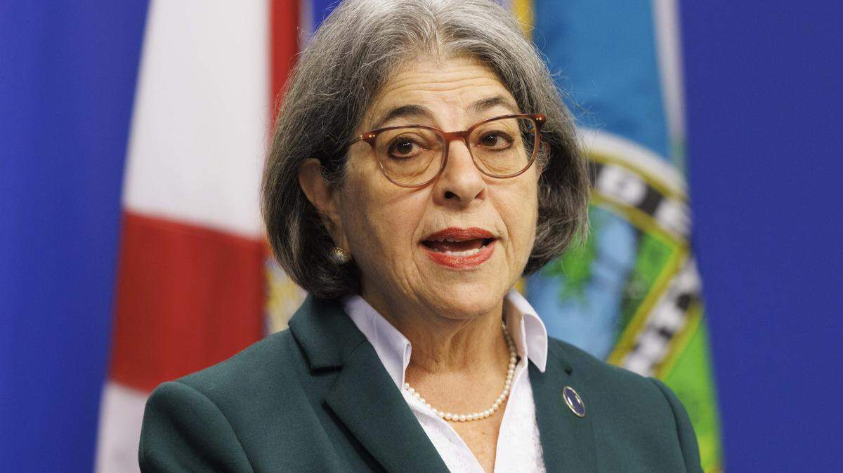 Miami Mayor Daniella Levine Cava speaks to the press about the budget before a Miami-Dade County Commission meeting on Wednesday, Aug. 20, 2025, at the Stephen P. Clark Government Center in downtown Miami.