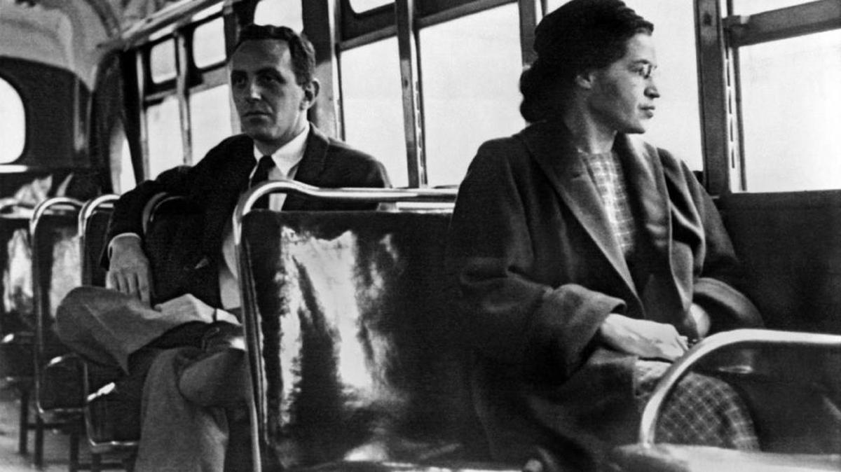 Rosa Parks making history, seated in the “white” section of a bus in Montgomery, Alabama in 1956.