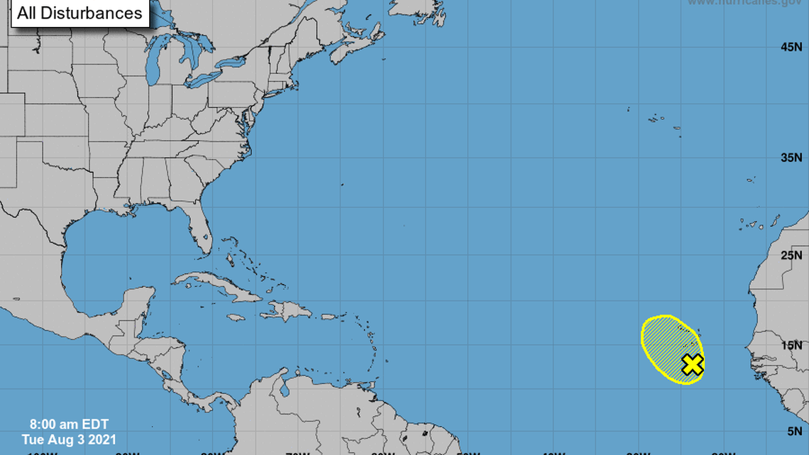 The National Hurricane Center lowered the chances of a disturbance in the far east Atlantic strengthening from 20% to 10% in the next 5 days.