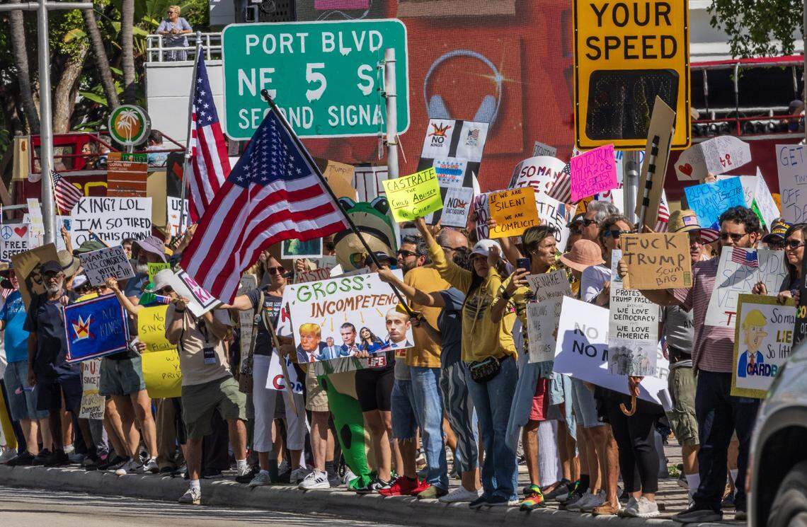 Protesters in downtown Miami during the ‘No Kings’ anti-Trump protests taking place nationwide and all across South Florida.