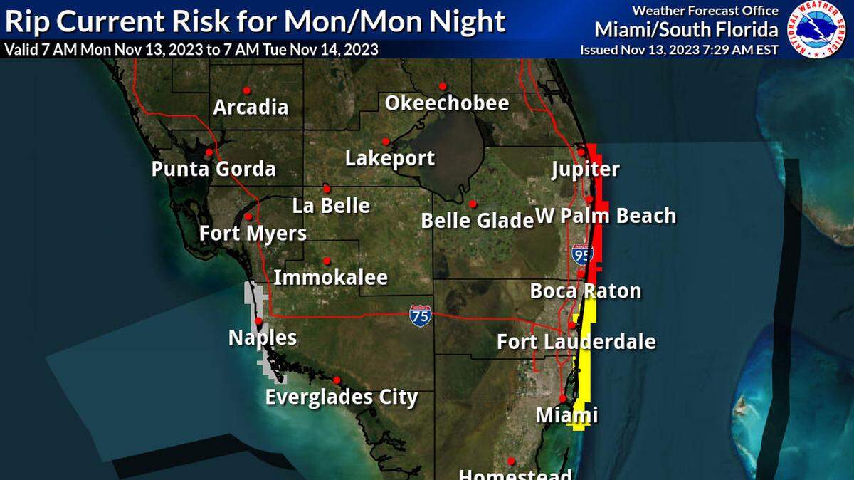 There is a high risk of rip currents in Palm Beach County, the National Weather Service in Miami said Monday, Nov. 13, 2023. The coastal hazard is forecast to expand to Fort Lauderdale and Miami starting Tuesday.