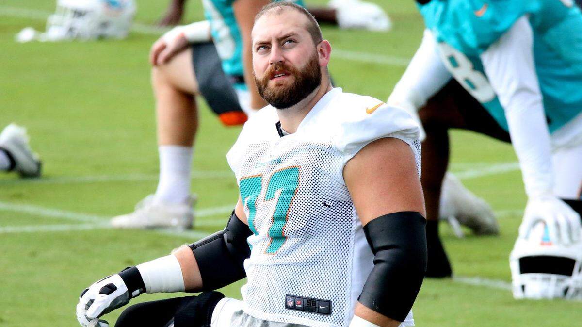 Miami Dolphins offensive lineman Jesse Davis (77) at their training facility in Davie, Florida, Monday, September 28, 2020.