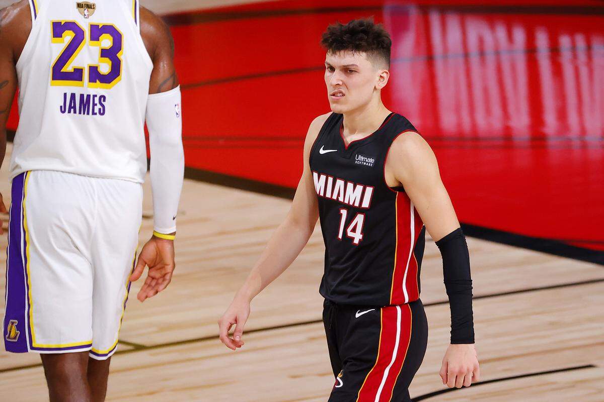 Tyler Herro #14 of the Miami Heat reacts during the second half against the Los Angeles Lakers in Game 3 of the 2020 NBA Finals at AdventHealth Arena at ESPN Wide World Of Sports Complex on Oct. 4, 2020 in Lake Buena Vista.