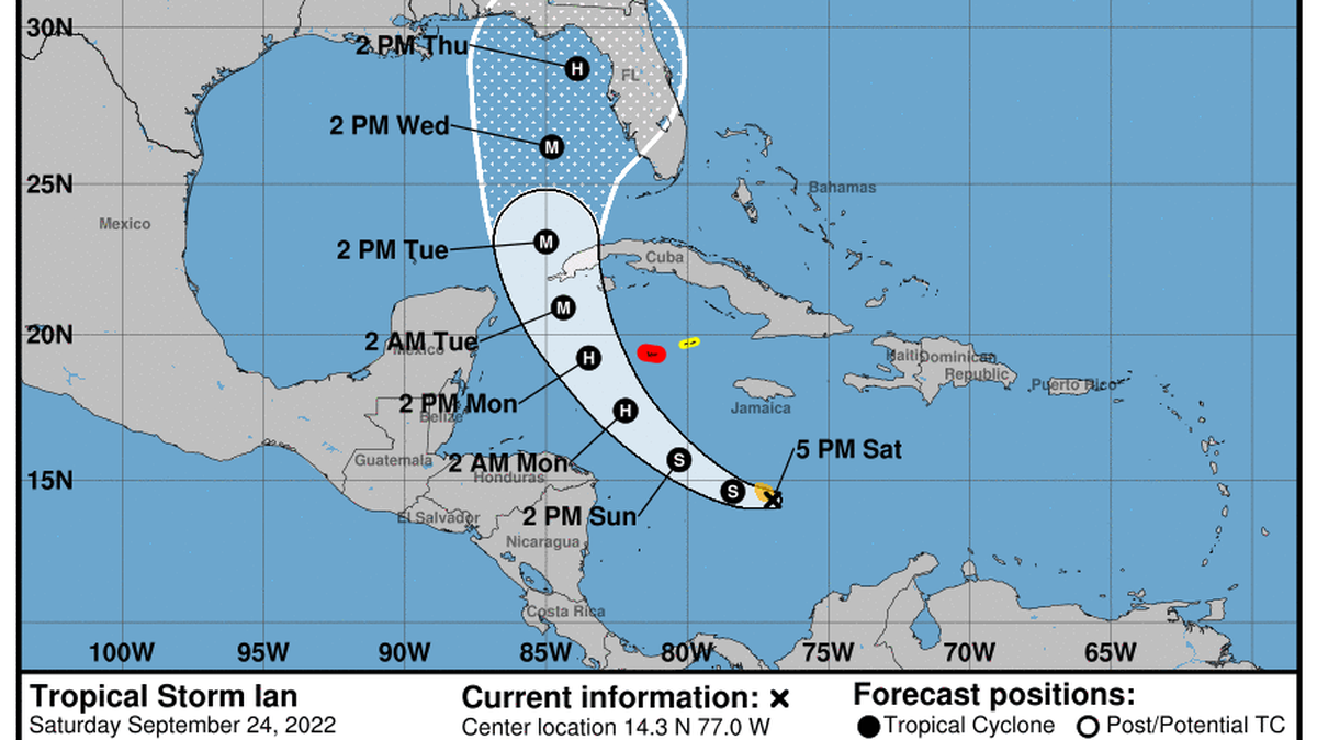 El cono de la incertidumbre. Tormenta tropical Ian podría convertirse en huracán categoría 3 cerca de Cuba.