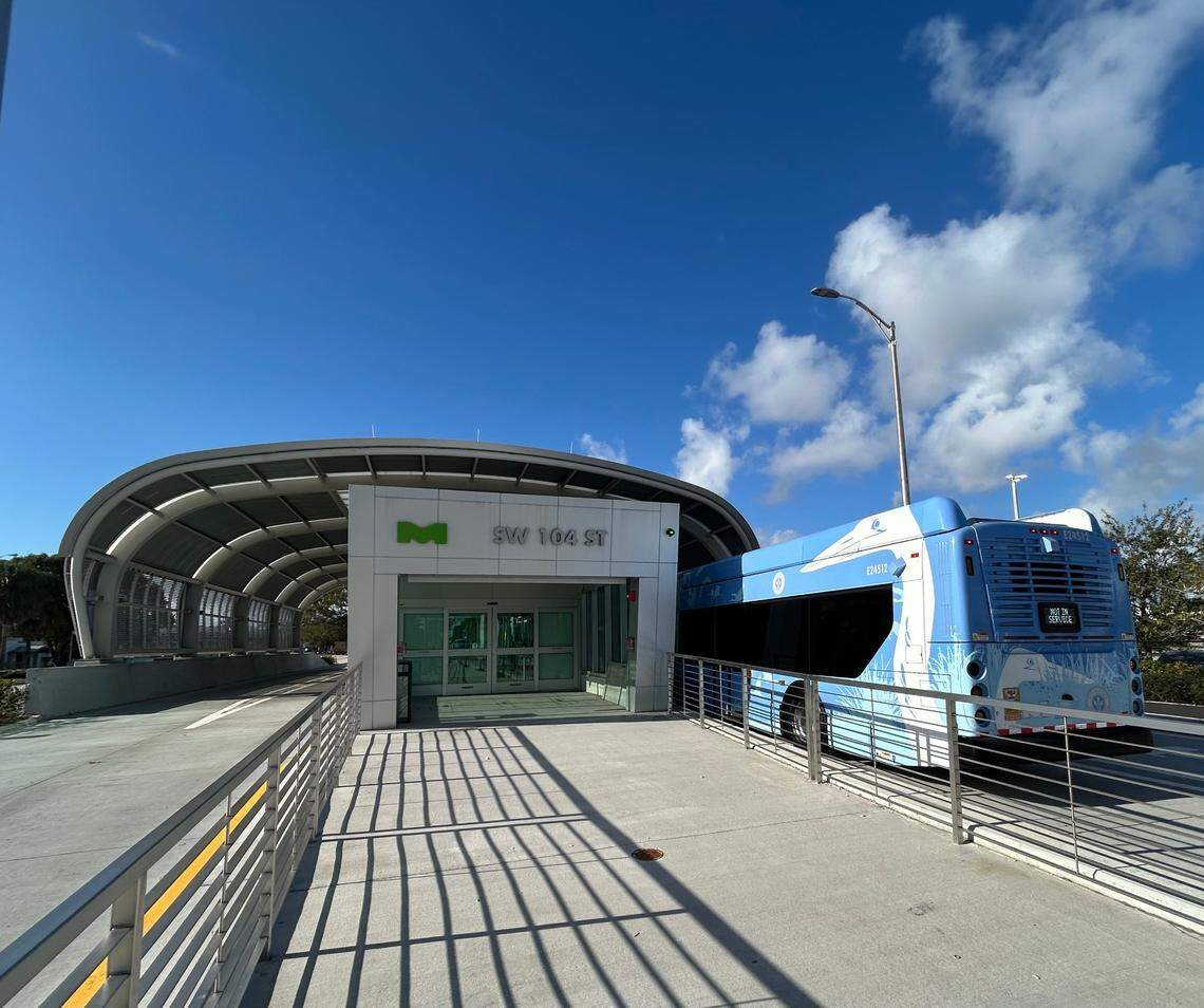 An electric New Flyer bus parked at the South Miami-Dade Transit Way, which will open later this year as the longest battery electric BRT system in the nation at 20 miles