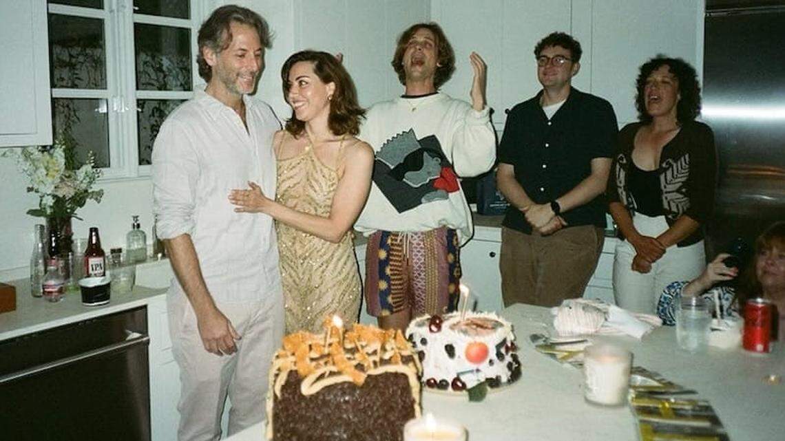 Jeff Baena and Aubrey Plaza celebrating their birthdays with friends in Los Angeles.