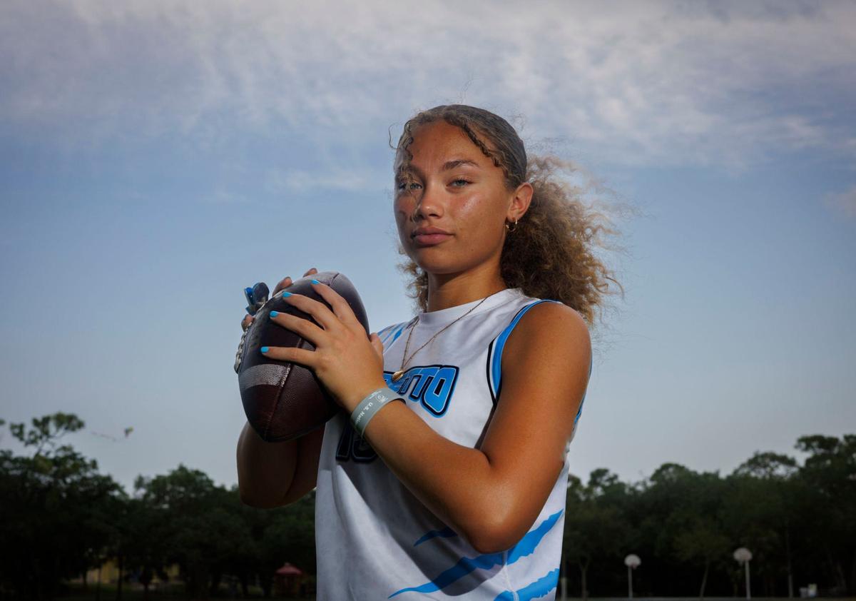 Ava Alvarez, flag football player from Miami Palmetto Senior High School, poses for Dade Players of the Year on Thursday, May 16, 2024, at AD Barnes Park in Miami.
