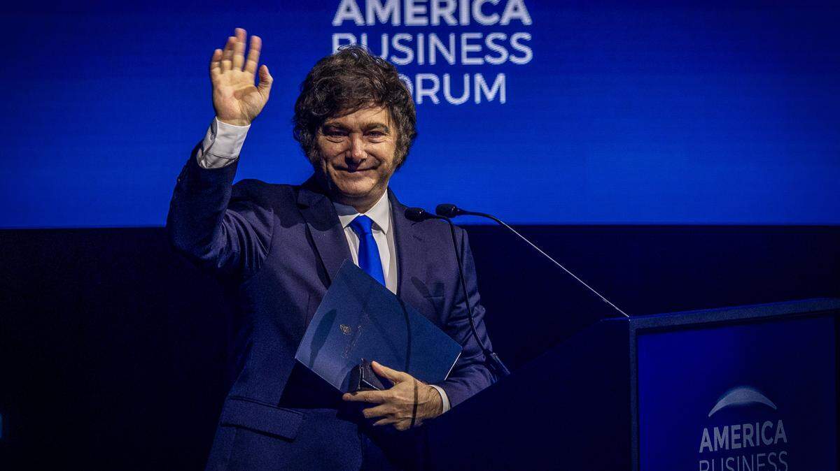 President of Argentina Javier Milei, reacts after speaking during day two of the America Business Forum, at the Kaseya Center in Miami, on Thursday November 06, 2025.