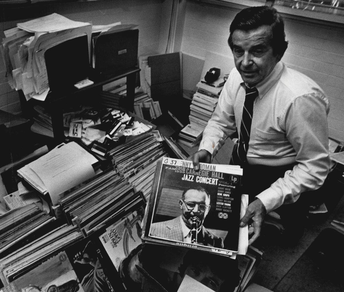 WKAT radio personality Jack McDermott packs some of his record collection.