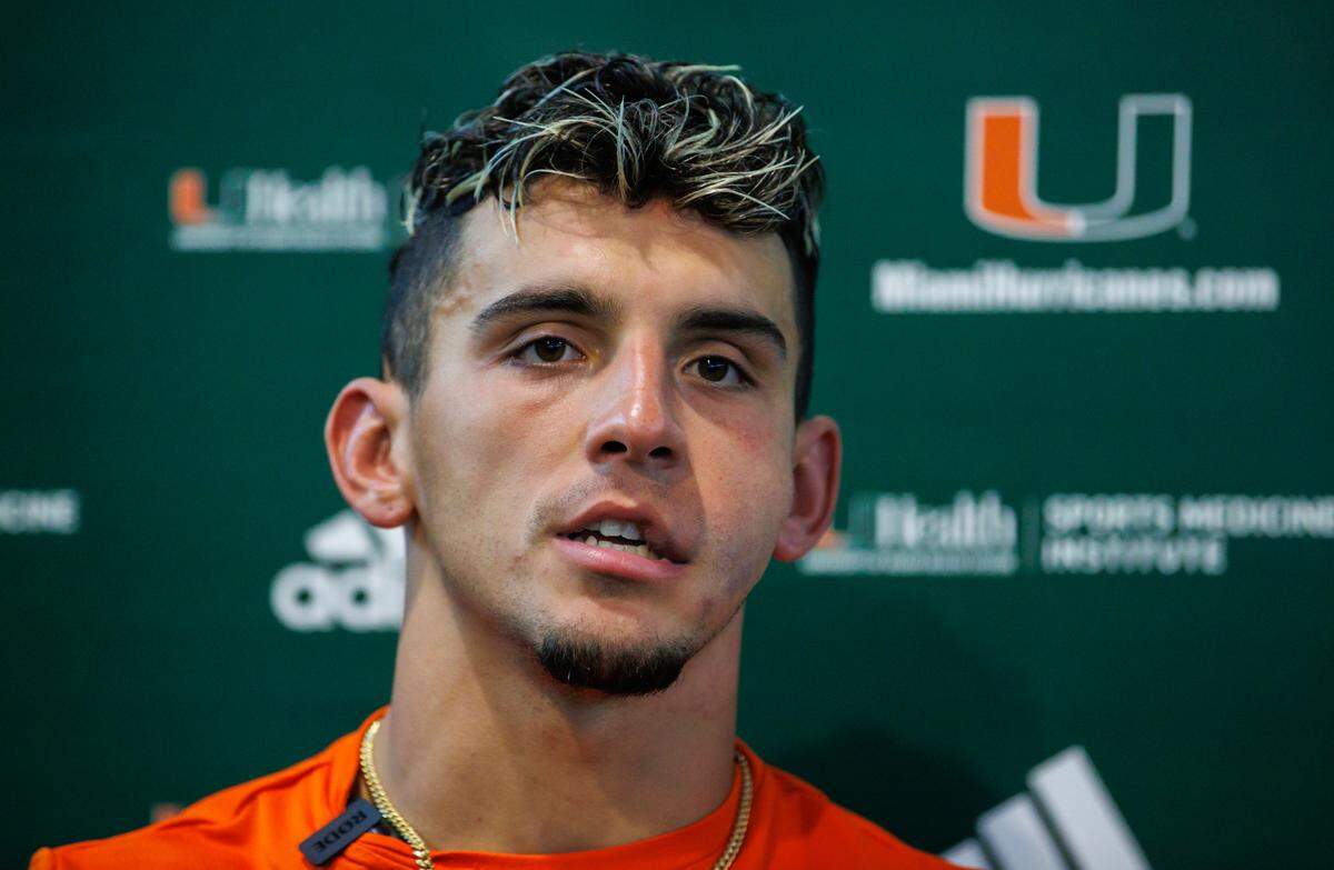 Miami Hurricanes wide receiver Xavier Restrepo (7) speaks with the media after fall training camp at the Carol Soffer Indoor Practice Facility at the University of Miami on Wednesday, August 2, 2023 in Coral Gables, Florida.