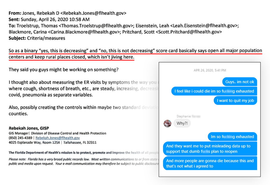 Emails and messages sent by Rebekah Jones on April 26, 2020 — the day she presented the reopening ‘score cards’ to DOH leadership.