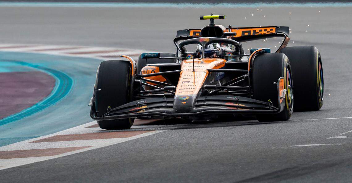 McLaren driver Lando Norris of Britain takes a turn during the Formula One Miami Grand Prix at the Miami International Autodrome on Sunday, May 4, 2025, in Miami Gardens, Fla.