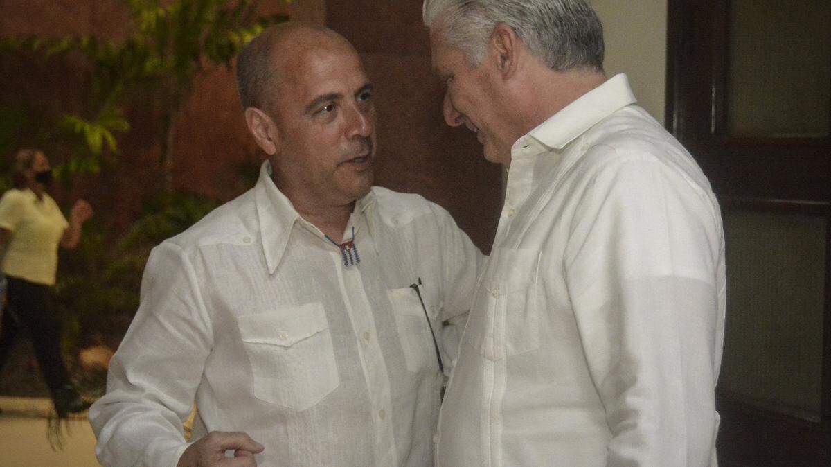 Cuban American activist Carlos Lazo, left, and Cuba’s leader Miguel Díaz-Canel during a meeting at the Palace of the Revolution in Havana on June 29, 2022.