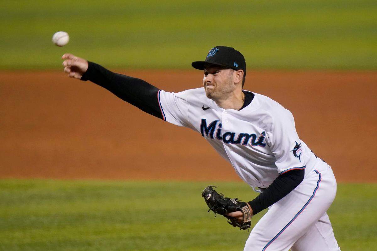 Miami Marlins relief pitcher Zach Pop throws during the ninth inning of a baseball game against the Arizona Diamondbacks, Wednesday, May 5, 2021, in Miami.