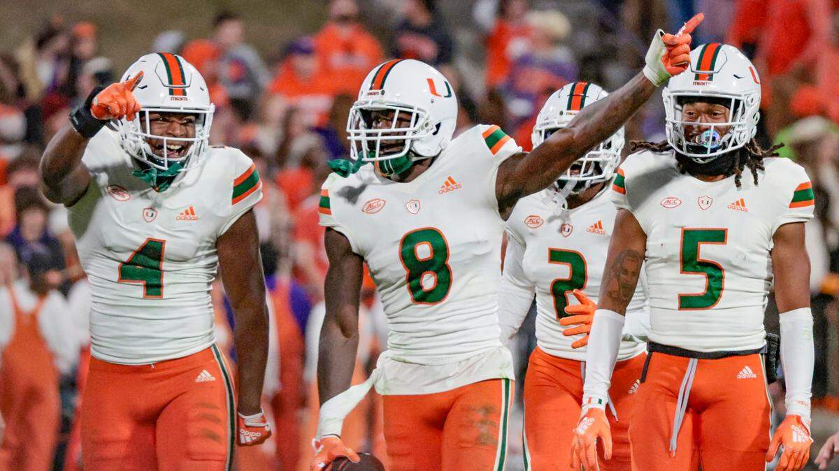 Miami Hurricanes cornerback DJ Ivey (8) reacts after an interception in the third quarter against Clemson Tigers the ball at Frank Howard Field at Clemson Memorial Stadium in Clemson, South Carolina on Saturday, November 19, 2022.