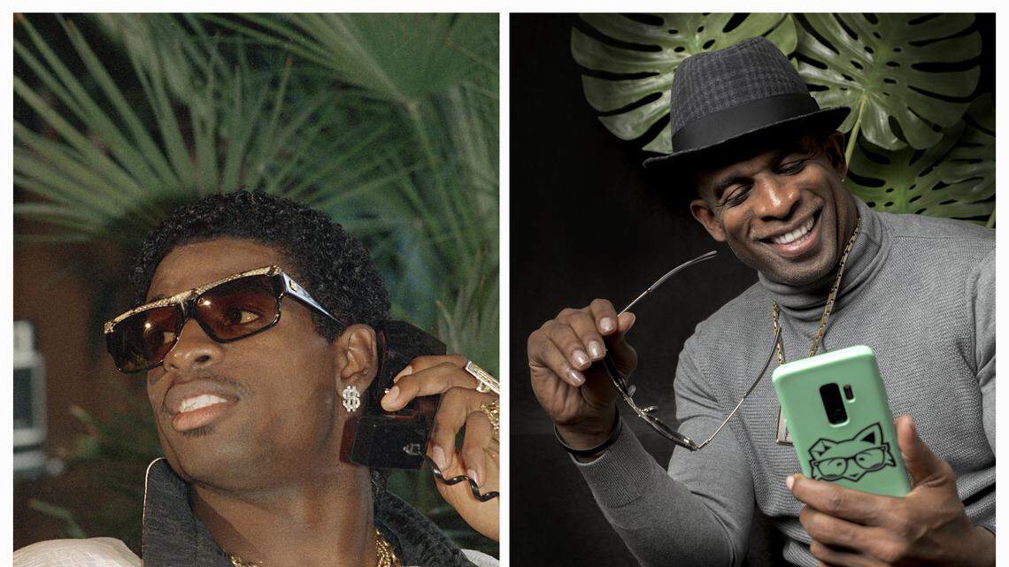 This photo composite shows NFL legend Deion Sanders during the 1989 NFL Draft in Chicago, left, and in Atlanta on Jan. 29, 2019. As part of its larger Super Bowl campaign, upstart wireless brand Mint Mobile has joined forces with “Prime Time” by updating his iconic 1989 Draft Day photo ... and upgrading his phone! Mint Mobile is the new and affordable way to get wireless service.