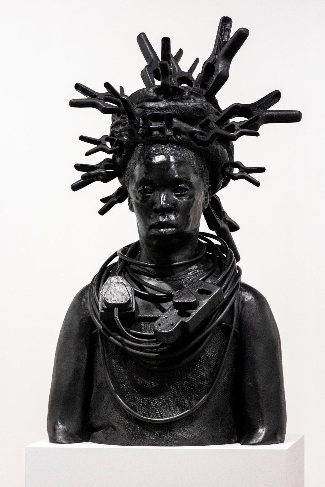 Sculpture by Zanele Muholi in the Yancey Richardson space at Art Basel in Miami Beach