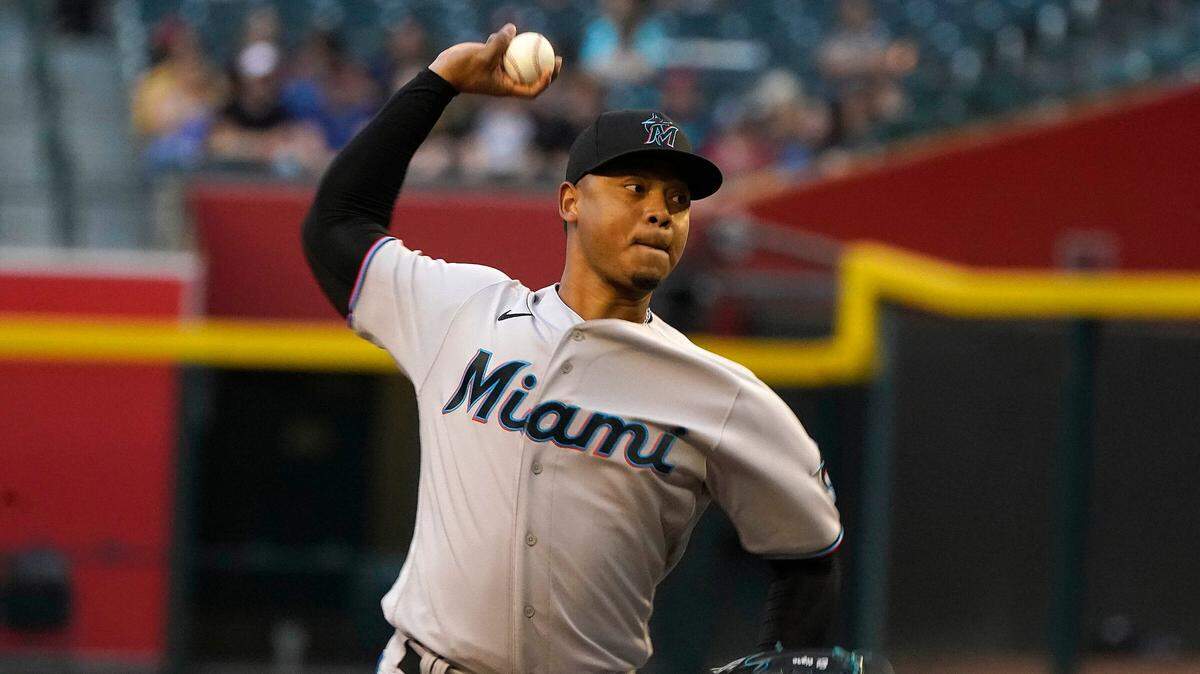 Miami Marlins pitcher Elieser Hernandezs (57) delivers against the Arizona Diamondbacks during the first inning of a baseball game Monday, May 9, 2022, in Phoenix. (AP Photo/Darryl Webb)