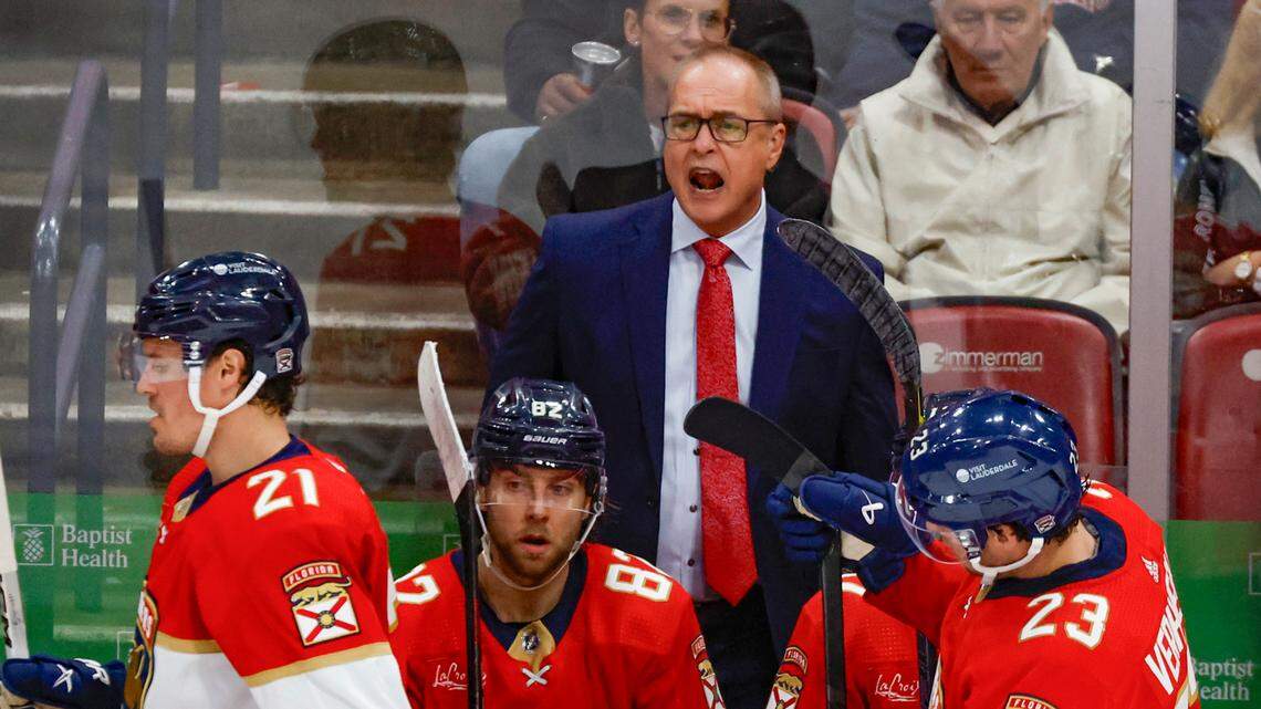 Florida Panthers coach Paul Maurice reacts during the game against the Winnipeg Jets in the second period at Amerant Bank Arena in Sunrise on Friday, November 24, 2023.