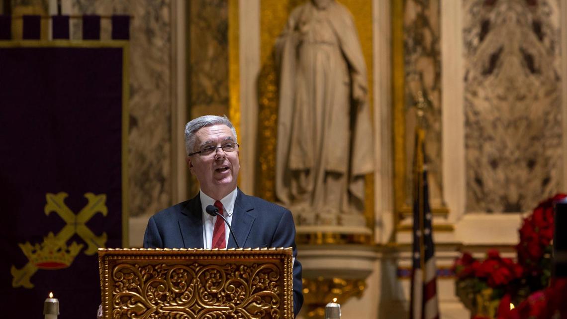 William Castro speaks during a mass at Gesu Catholic Church in downtown Miami on Thursday, Dec. 1, 2022. Castro, a former attorney who was imprisoned in a notorious corruption scandal in the 1990s has since rebuilt his life and career helping the community. He was awarded the “Lex Christi, Lex Amoris” award by the Miami Catholic Lawyers Guild.