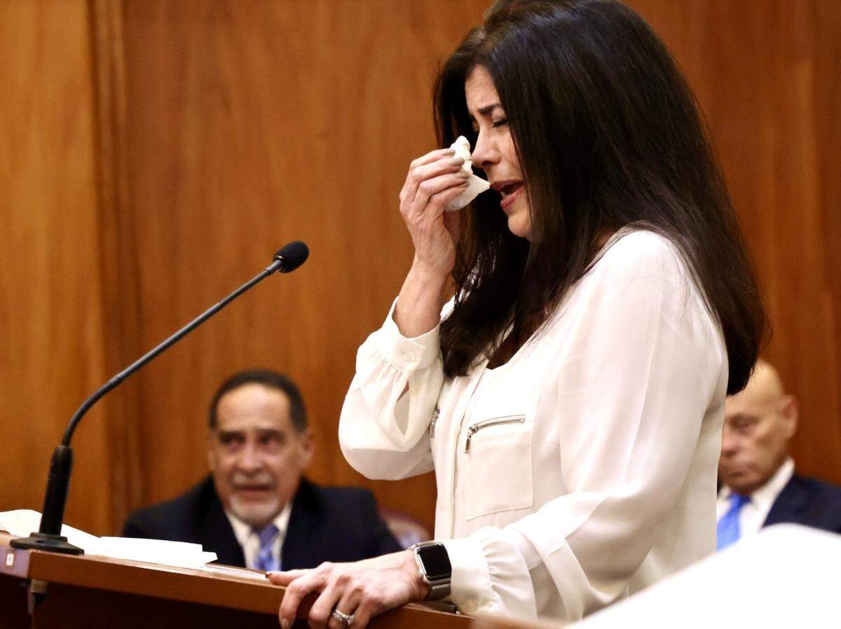 Miami, Florida, August 7, 2025 - Ana Martinez, wife of Joe Martinez, emotionally testifies on behalf of her husband former Commissioner Joe Martinez during his sentencing .