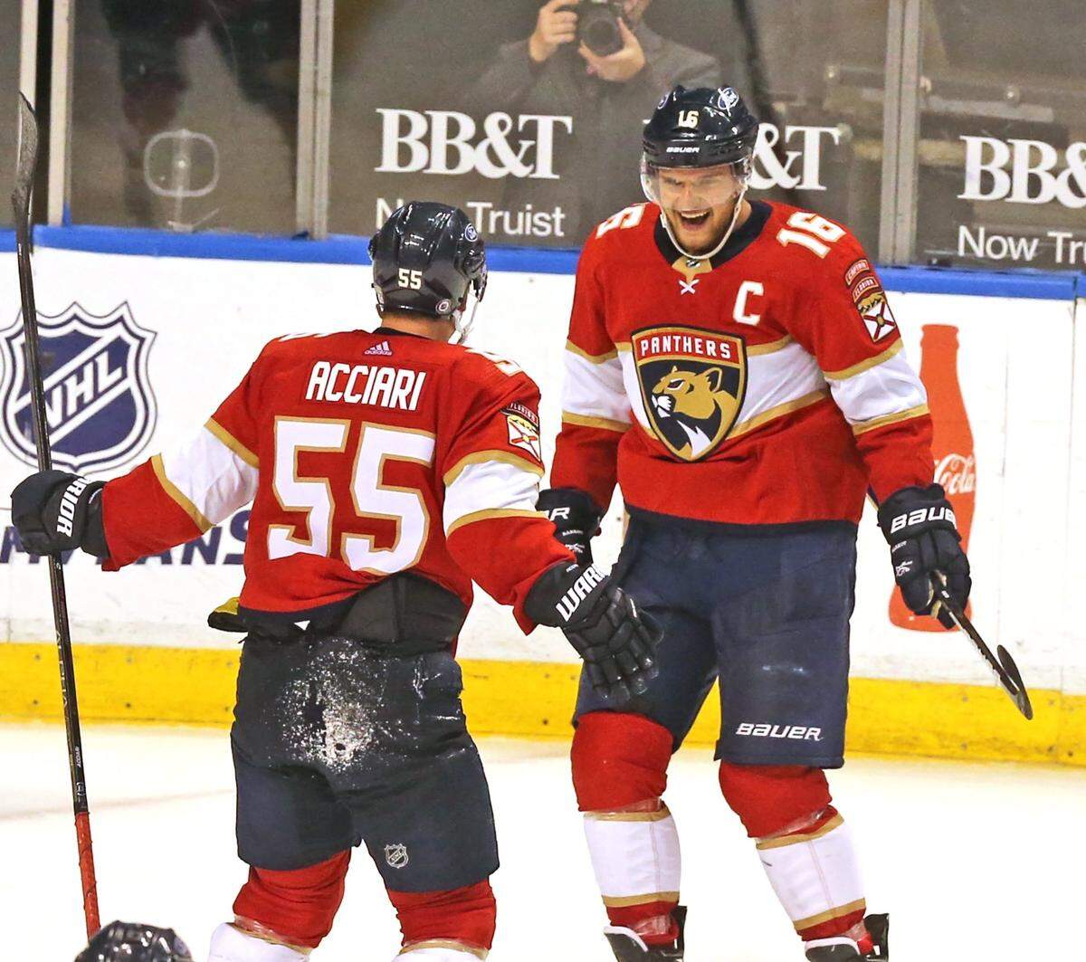 Florida Panthers Aleksander Barkov (16) celebrates his third period go-ahead goal that was assisted by Noel Acciari (55) as they play the Chicago Blackhawks at the BB&T Center in Sunrise, Florida, Monday, March 15, 2021.