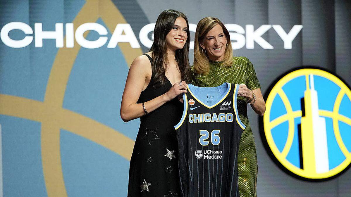 Gabriela Jaquez (L) of UCLA poses with WNBA Commissioner Cathy Engelbert (R) after being selected with the 5th pick in the first round by the Chicago Sky during the 2026 WNBA Draft at The Shed on April 13, 2026 in New York City.