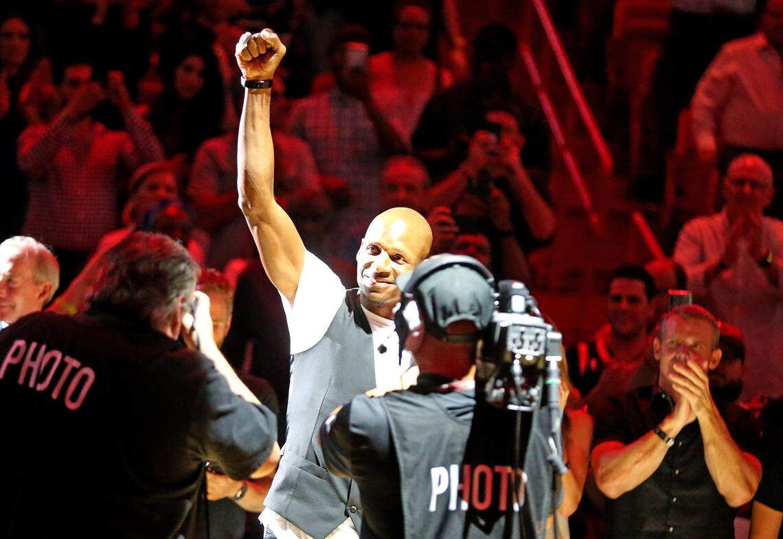 Miami Heat Ray Allen returns to the AAA as they play the Memphis Grizzles at the AmericanAirlines Arena in Miami, Florida, Wednesday, October, 23, 2019.