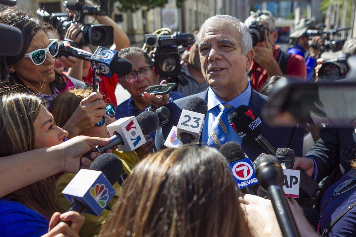Attorney Daniel Aaronson talks to the media after attending a hearing for his client, Cesar Sayoc, at the Federal District Court for the Southern District of Florida in downtown Miami on Monday, Oct. 29, 2018.