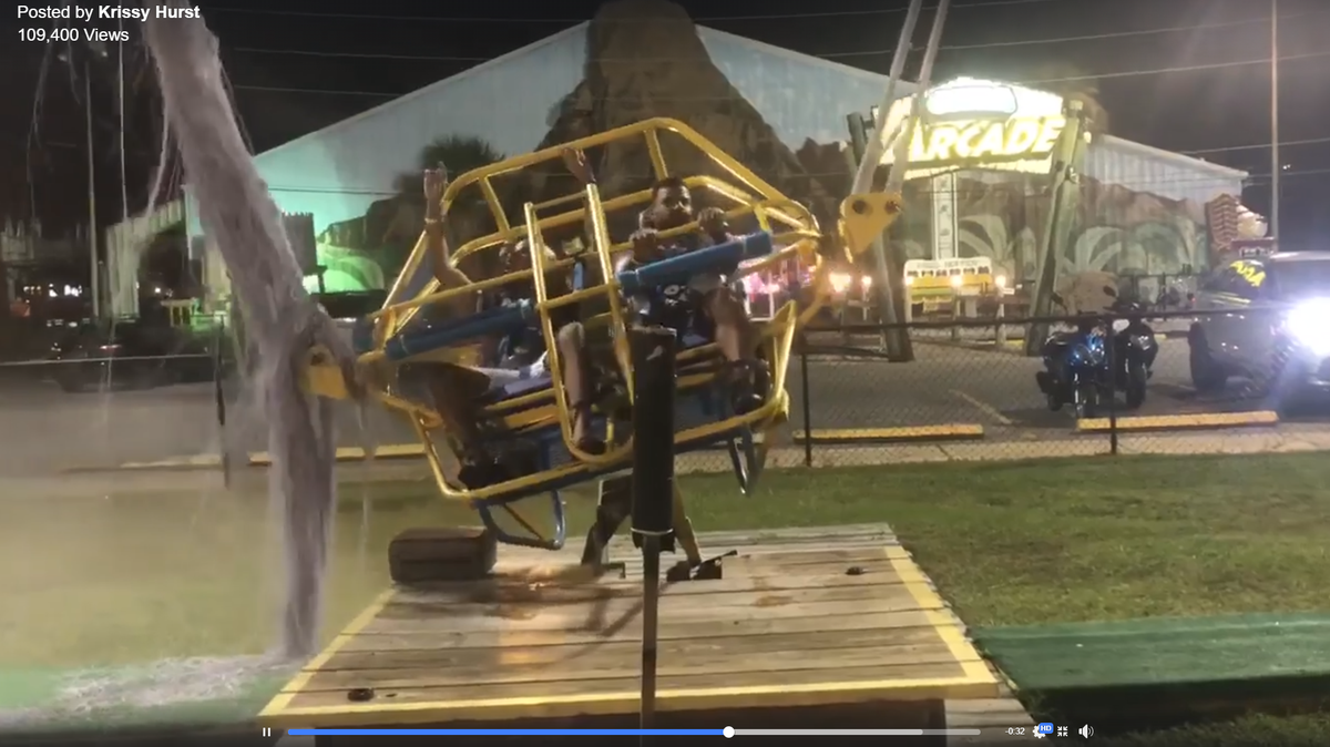 A video posted to Facebook shows two men about to be slingshoted into the air on the “Vertical Accelerator” at Panama City Beach’s Cobra Adventure Park on Saturday night, but one of the bungee cords snap.