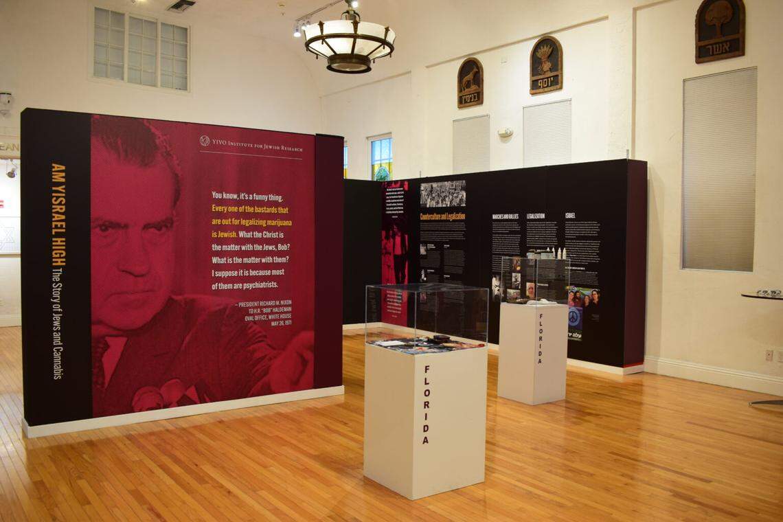 Wall text shows comments made by Richard Nixon in 1971 regarding Jews and the legalization of marijuana in “Kosher Kush” at the Jewish Museum of Florida-FIU.