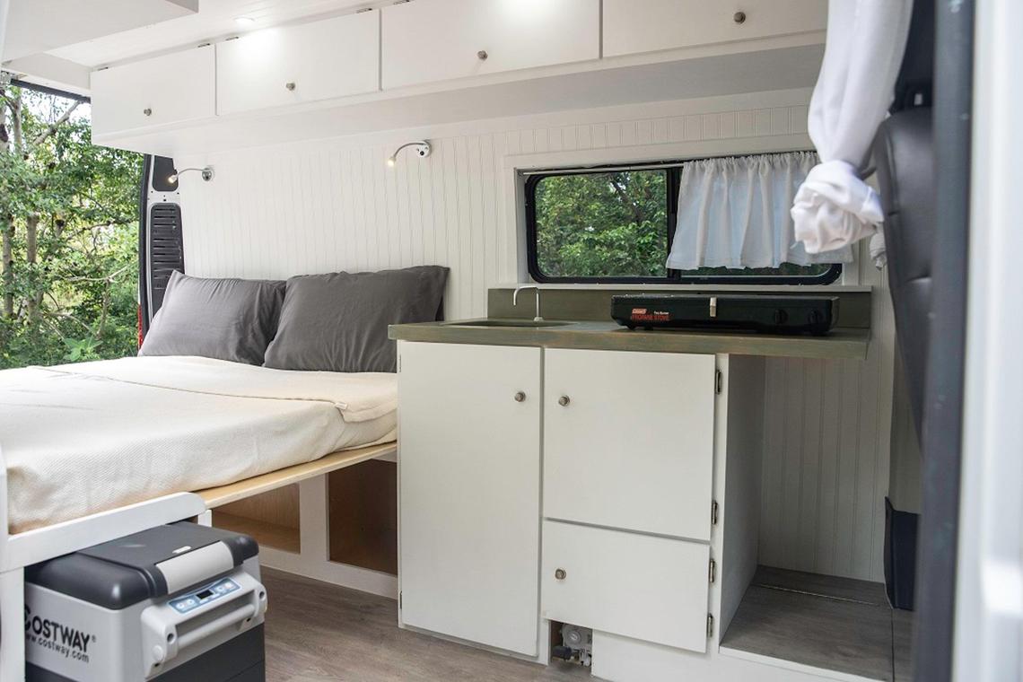 Miami, Florida, May 5, 2020- The interior of one of the modified vans rented by Ondevan. Ondevan is co-owned by Haley Kirk and Omar Bendezœ and they rent camper vans to tourists to travel around the country.