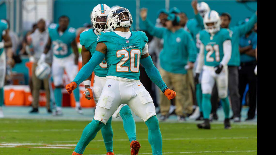 Miami Dolphins linebacker Jordyn Brooks (20) celebrates after sacking San Francisco 49ers quarterback Brock Purdy (13) during the first half of their NFL game at Hard Rock Stadium on Sunday, Dec. 22, 2024, in Miami Gardens, Florida.
