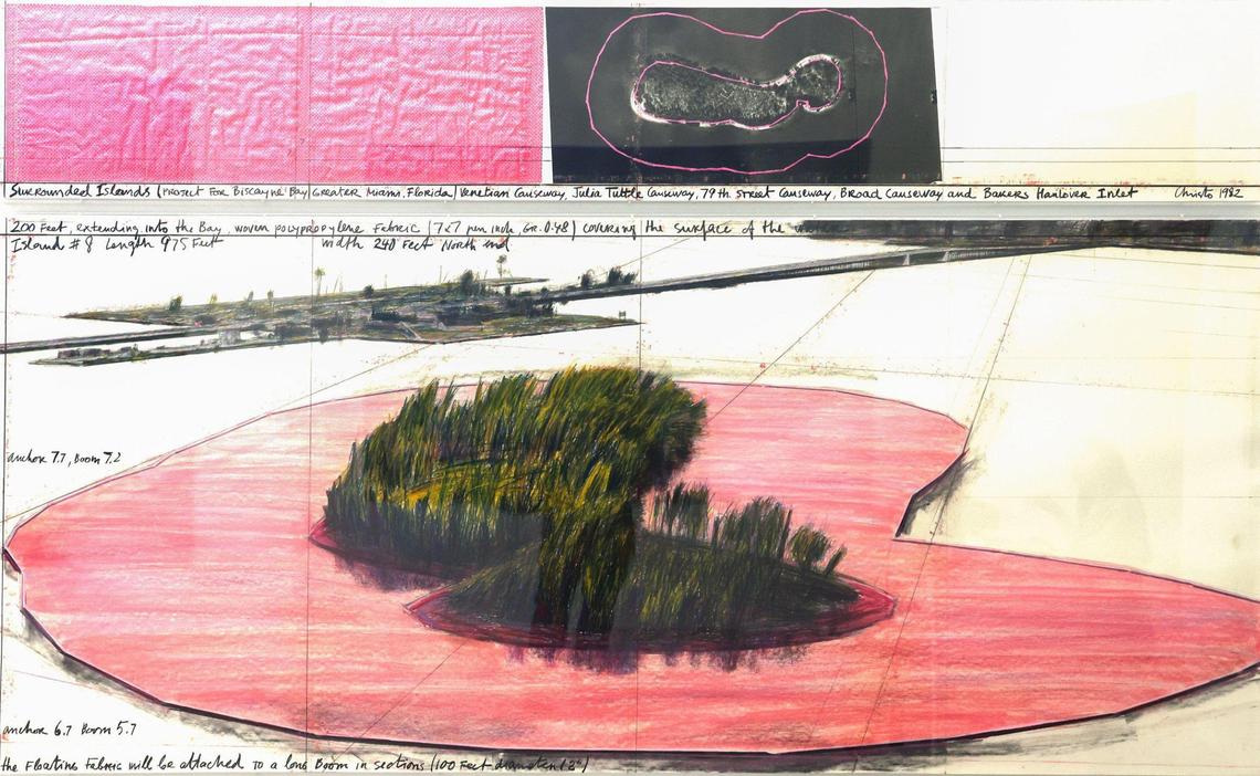 Pictured is Christo’s rendering of one of the covered islands along with a pink fabric sample and an aerial photograph of the island. 