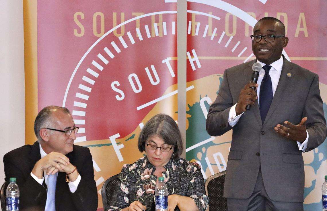 County commissioners (from left) Esteban Bovo, Jr., Daniella Levine Cava and Jean Monestime.