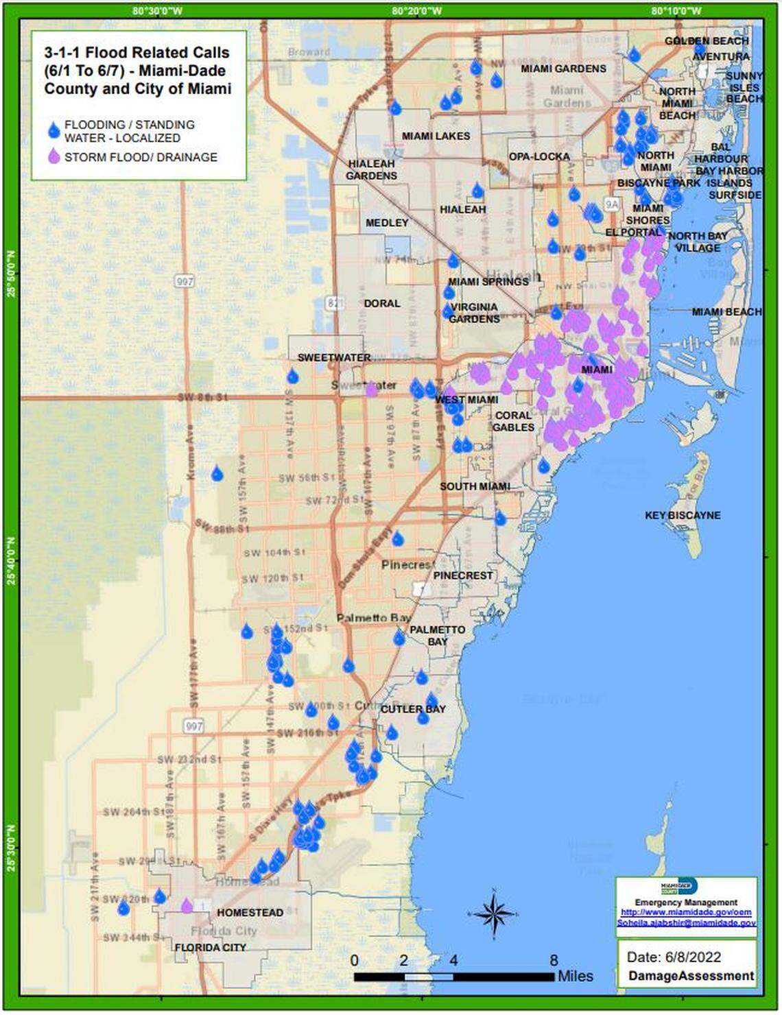 Miami-Dade mapped all the flooding-related 311 calls it received during and after the storm that flooded parts of the county in early June. It only tracked calls from the city of Miami and unincorporated Miami-Dade County.