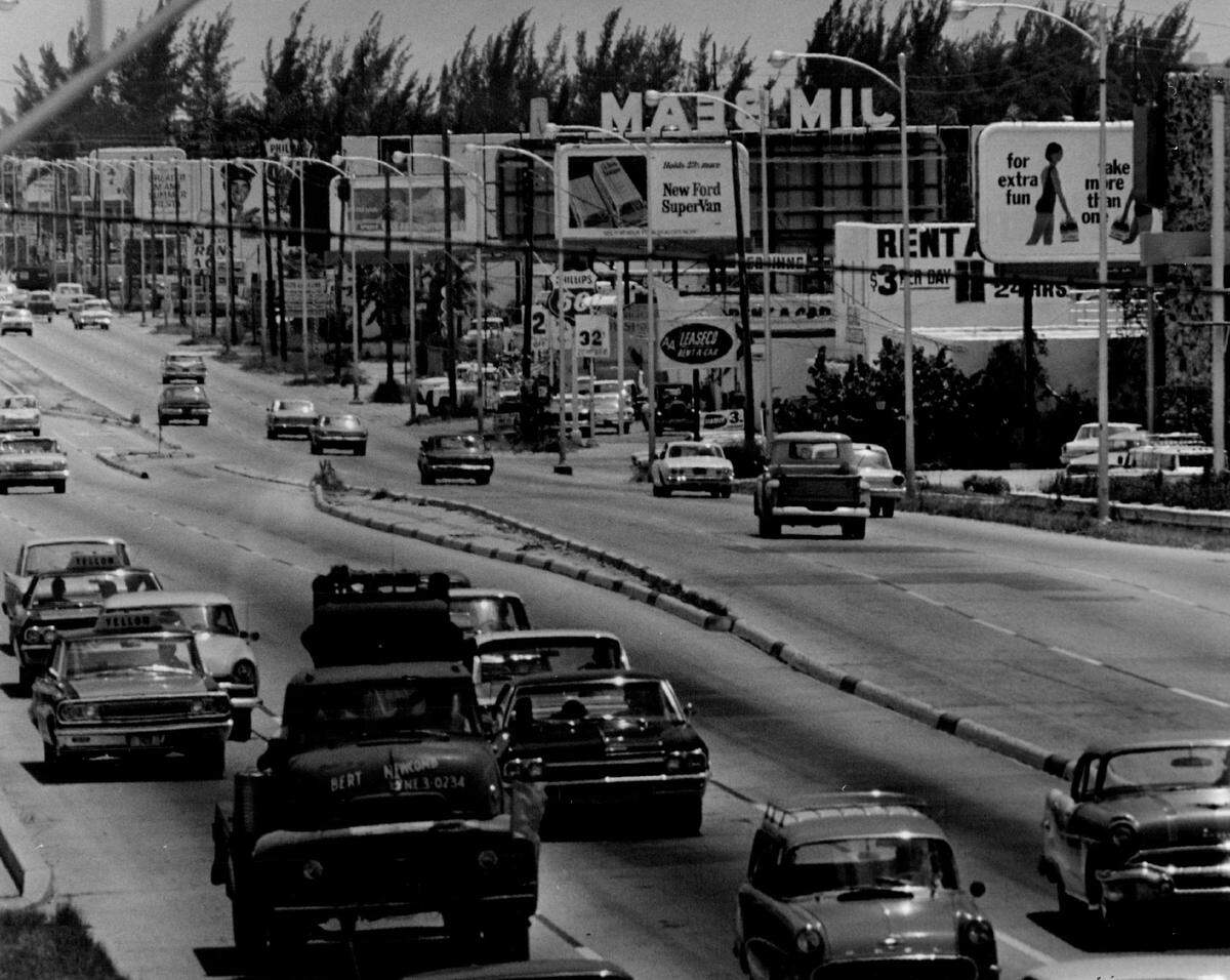 Billboards line LeJeune Road near Miami International Airport in 1965.